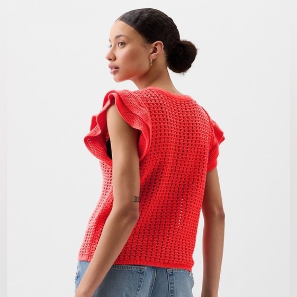 Gap NWT XXL Crochet Knit Ruffle Sleeve Short Sleeve Sweater Cotton Cayenne Red‎